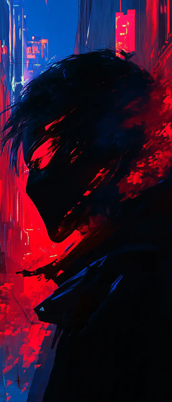 Double exposure portrait of an anime assassin with neon ruins