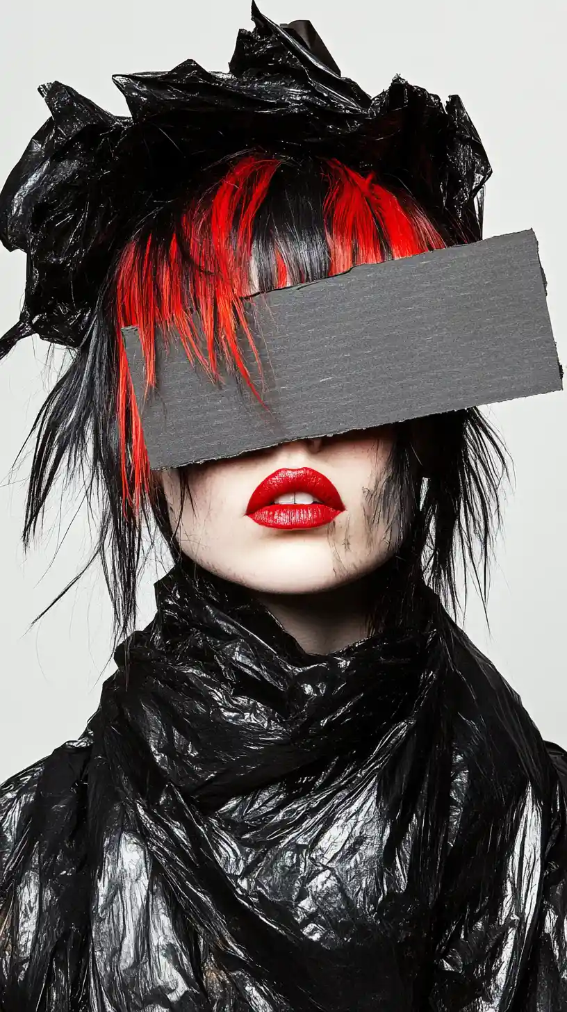 Edgy woman wrapped in black garbage bag portrait