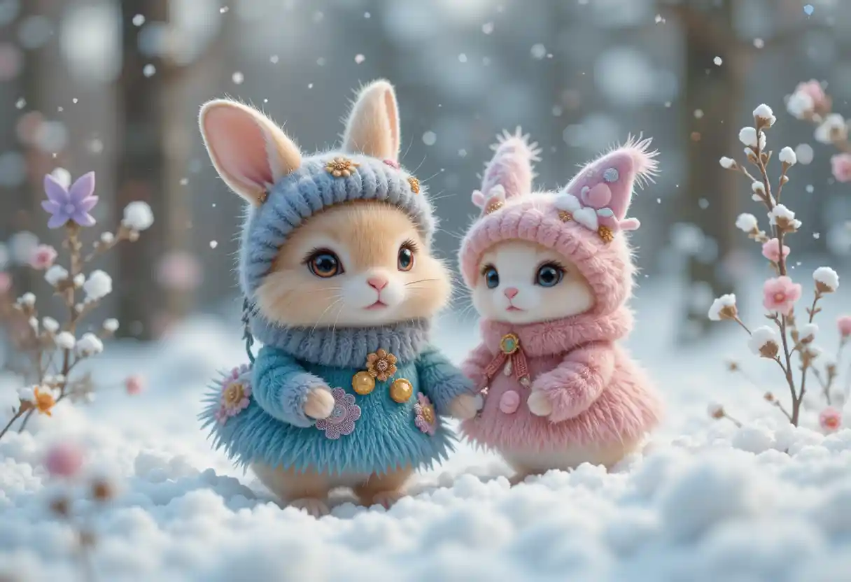 Cute winter critter illustration in fluffy kawaii style