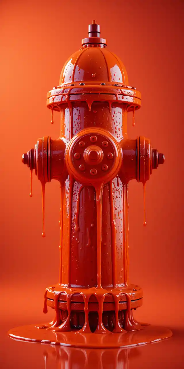Red fire hydrant covered in glossy orange dripping sauce