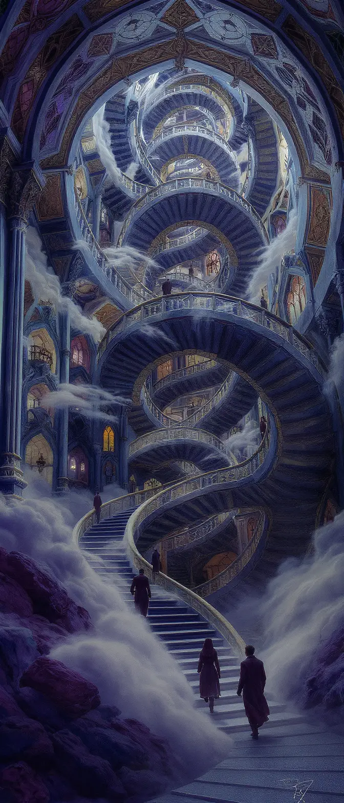 Surreal endless staircase twisting through the dark sky