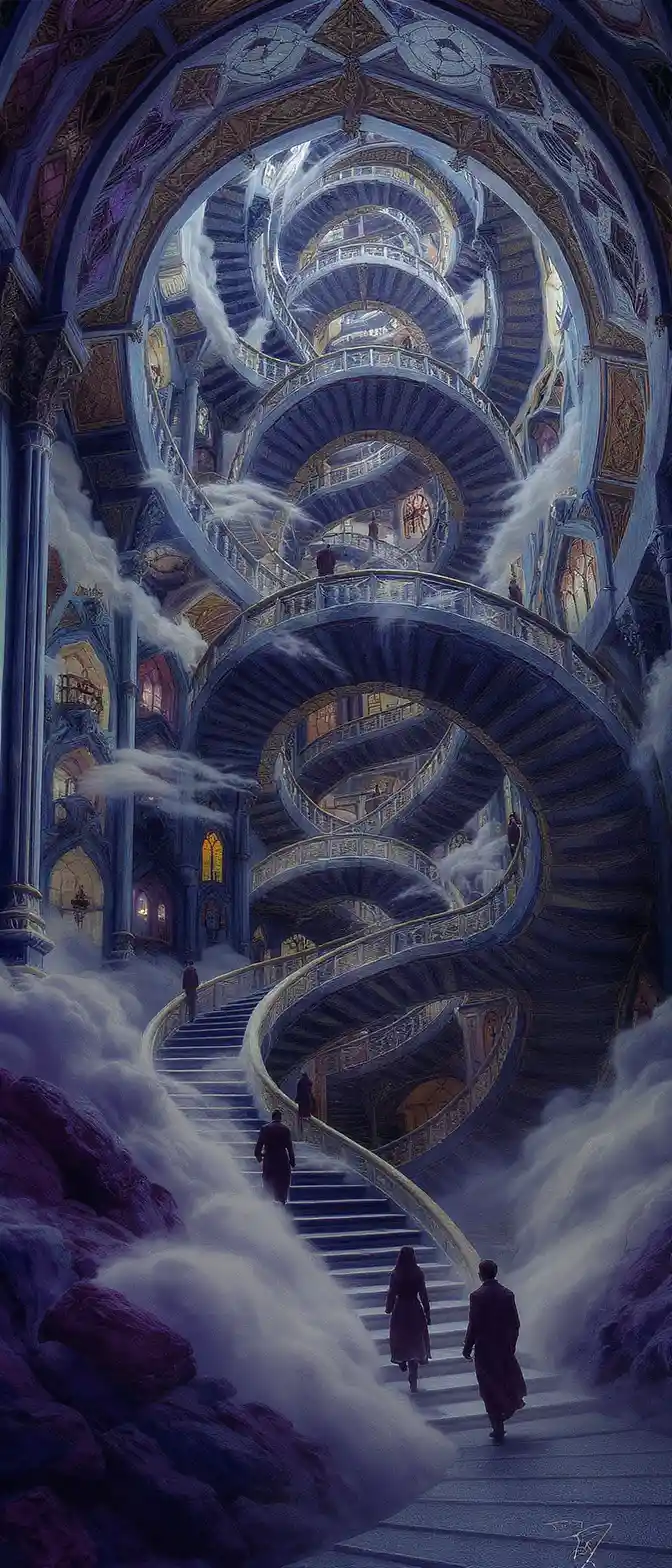 Surreal endless staircase twisting through the dark sky
