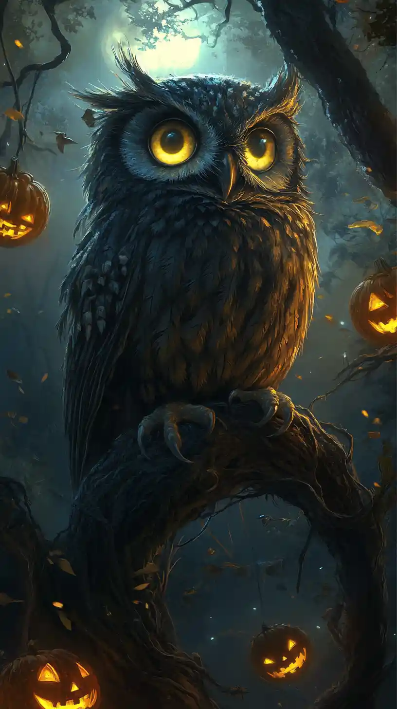 Whimsical owl perched on a twisted moonlit forest branch