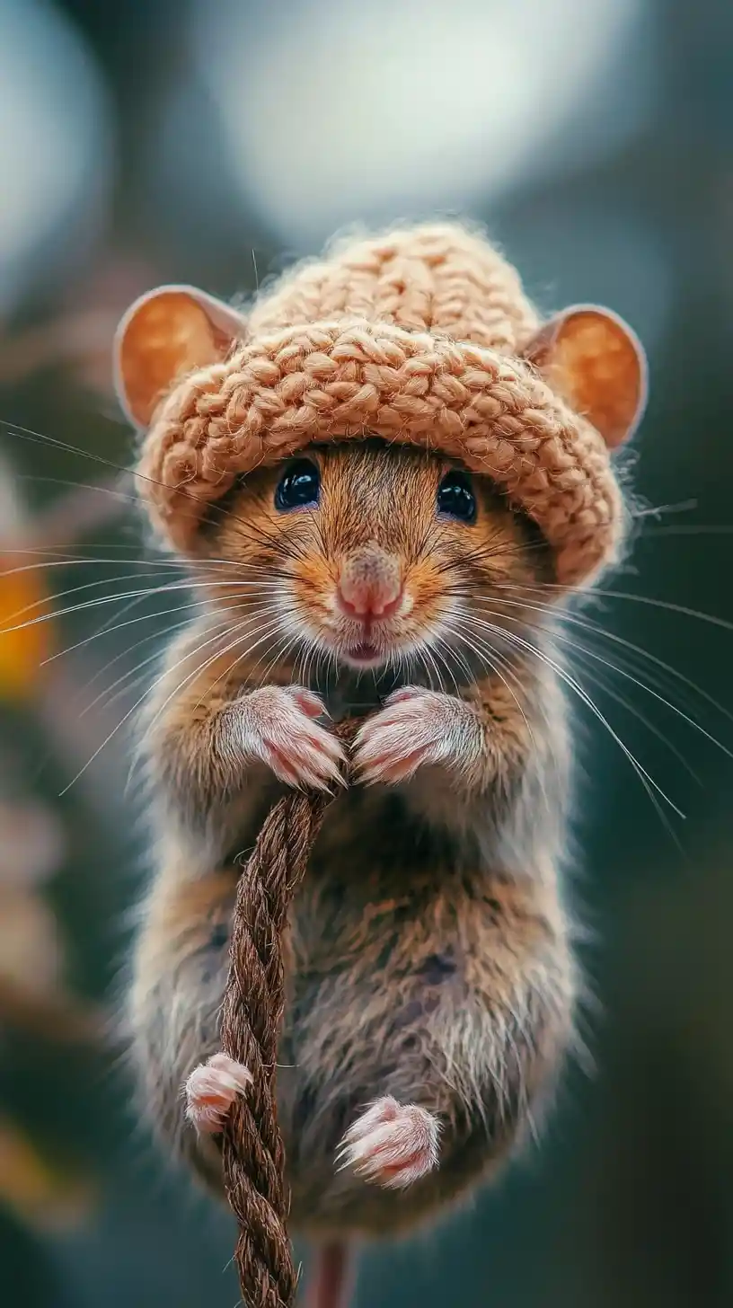 Hungry cartoon mouse wearing a tiny hat and laughing