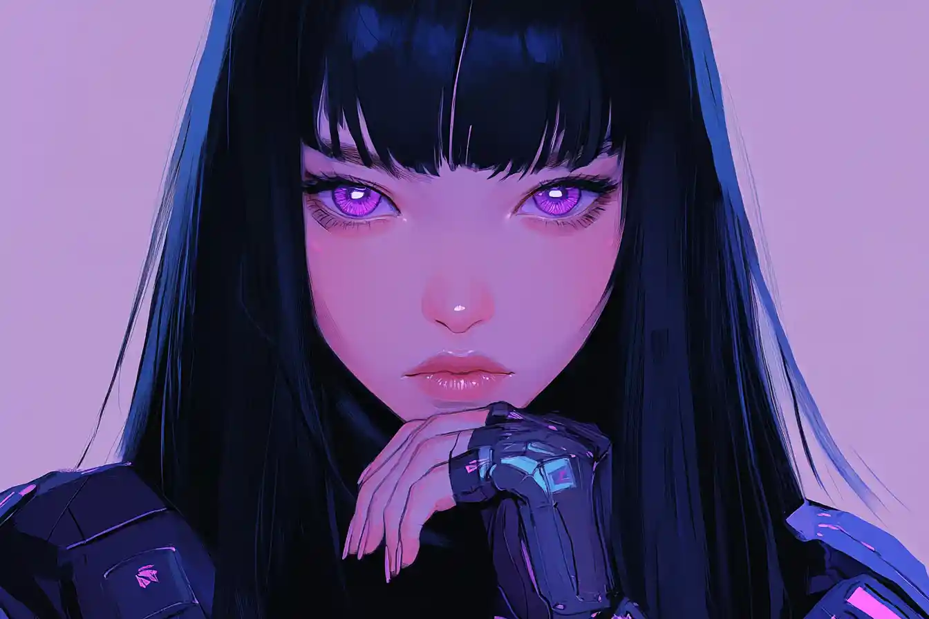 Portrait de fille d’anime aux yeux lavande et veste cyberpunk
