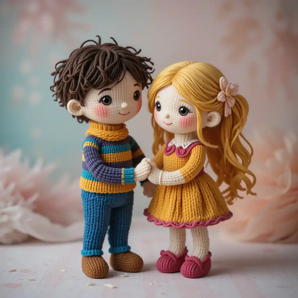 Bambole di bambino e bambina lavorate a maglia a mano che si tengono per mano