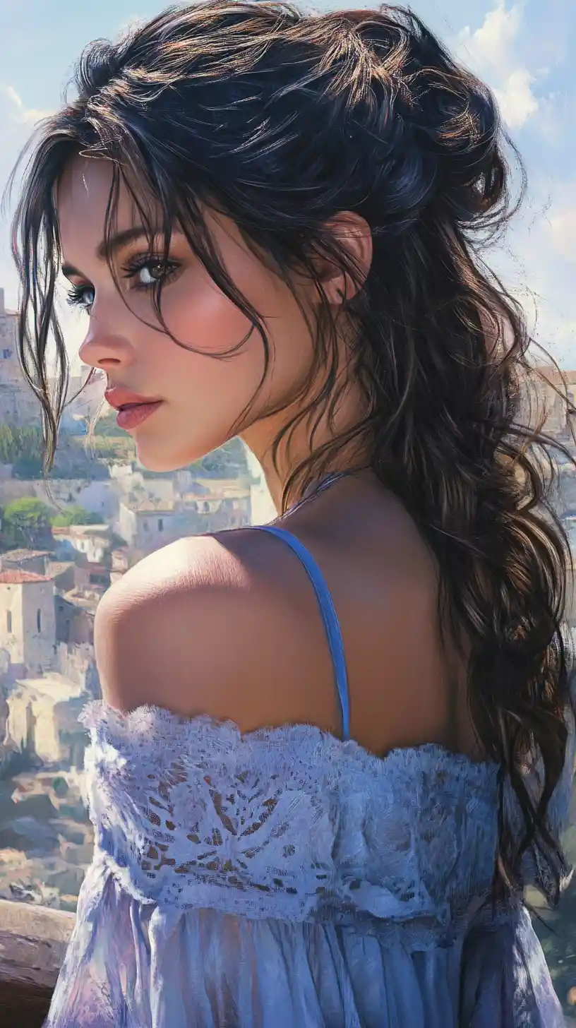 Close up woman in blue dress on summer city street