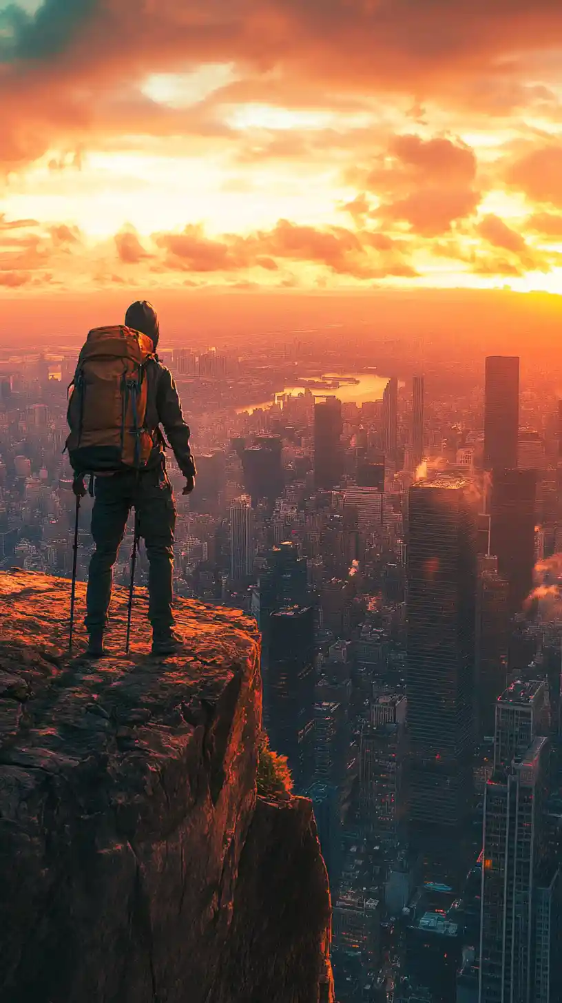 Hiker On Cliff Edge Overlooking Futuristic City At Sunset