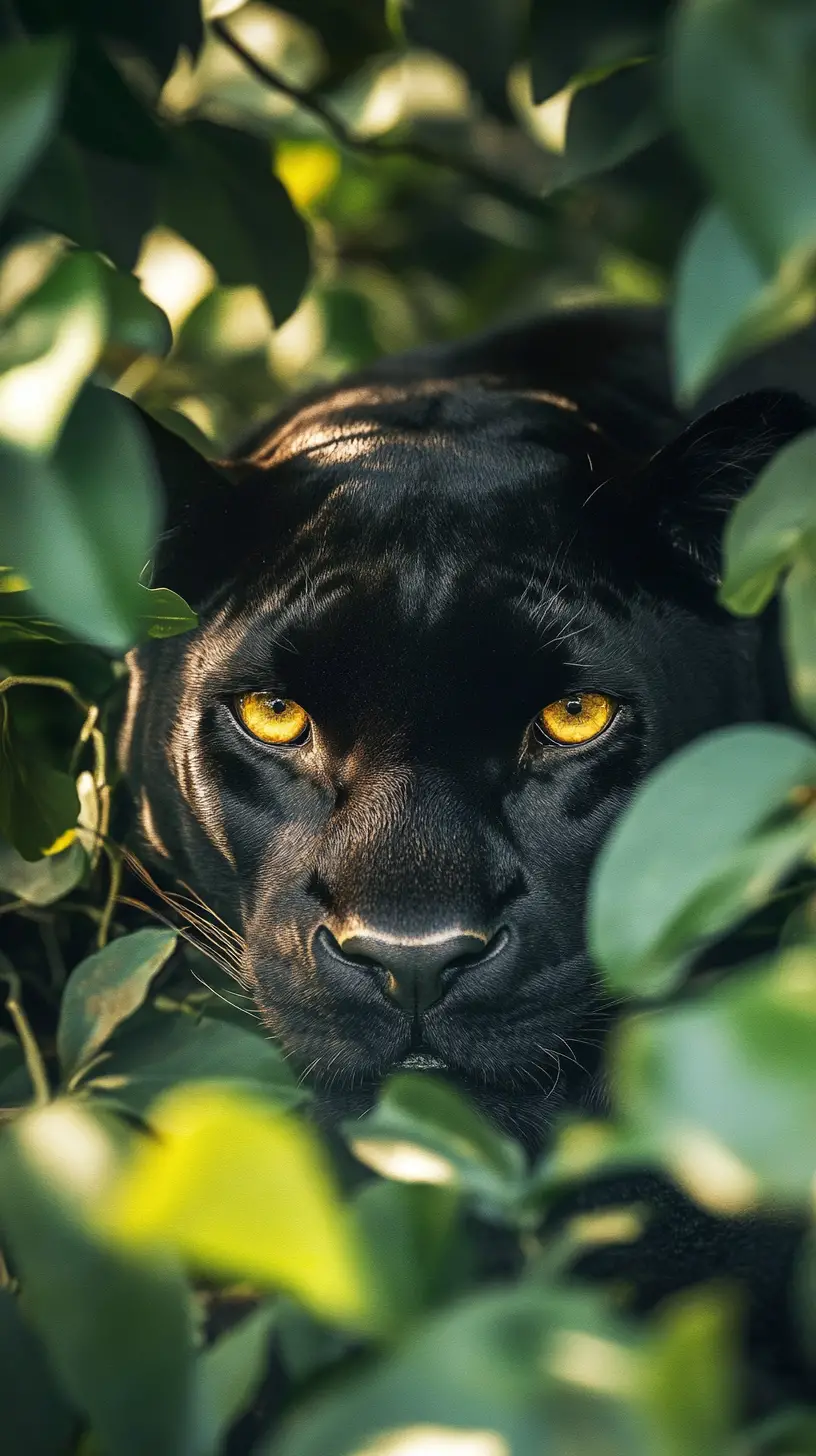 Black panther eyes emerging from dense jungle foliage