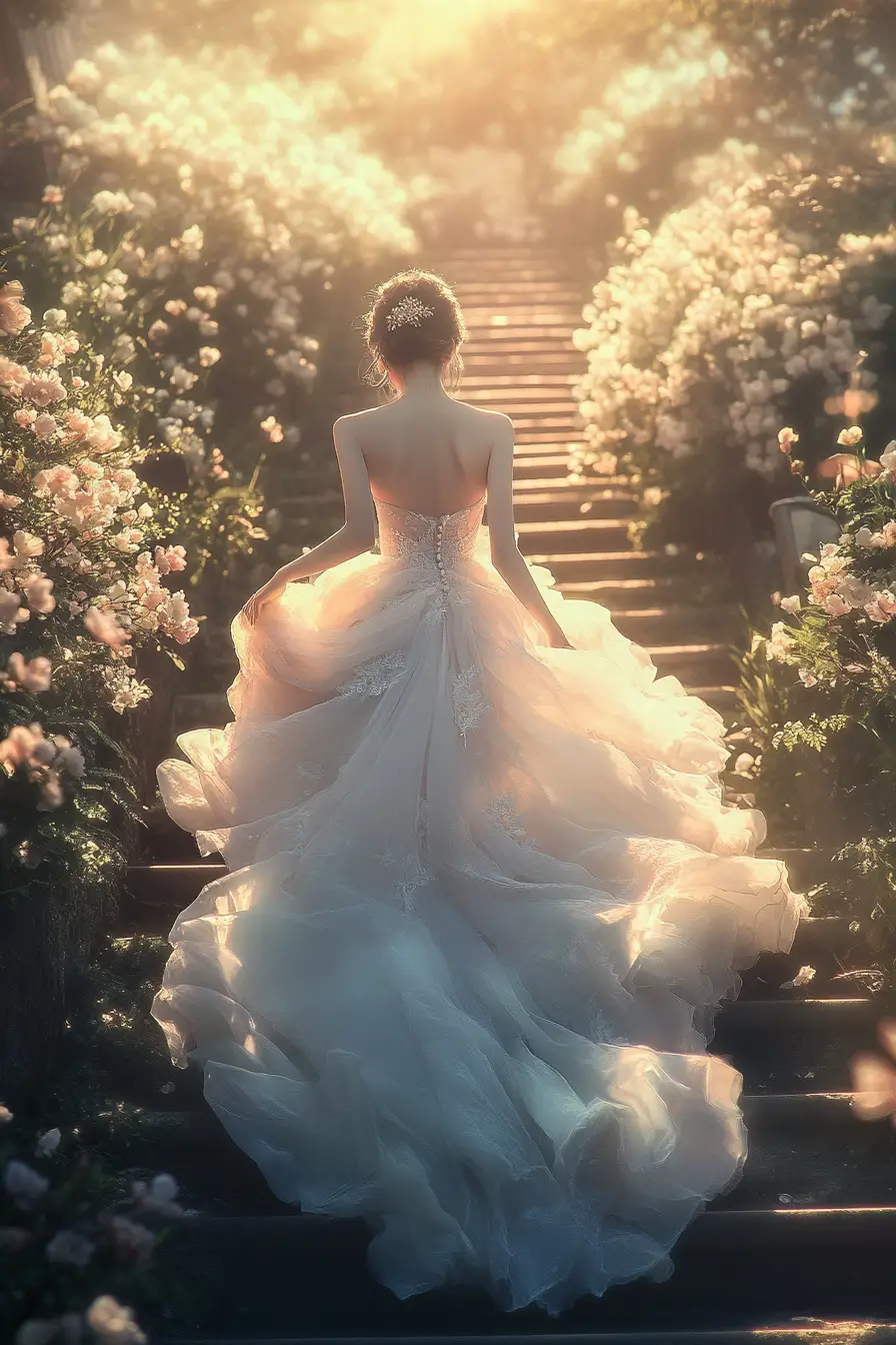 Bride in flowing wedding dress on sunlit garden stairs