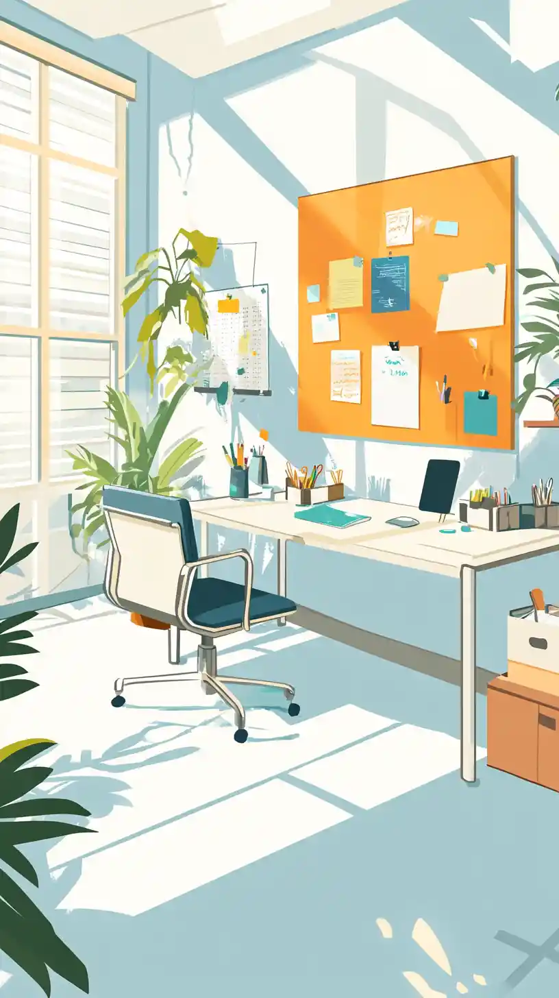 Playful pastel cartoon office interior with tidy desks