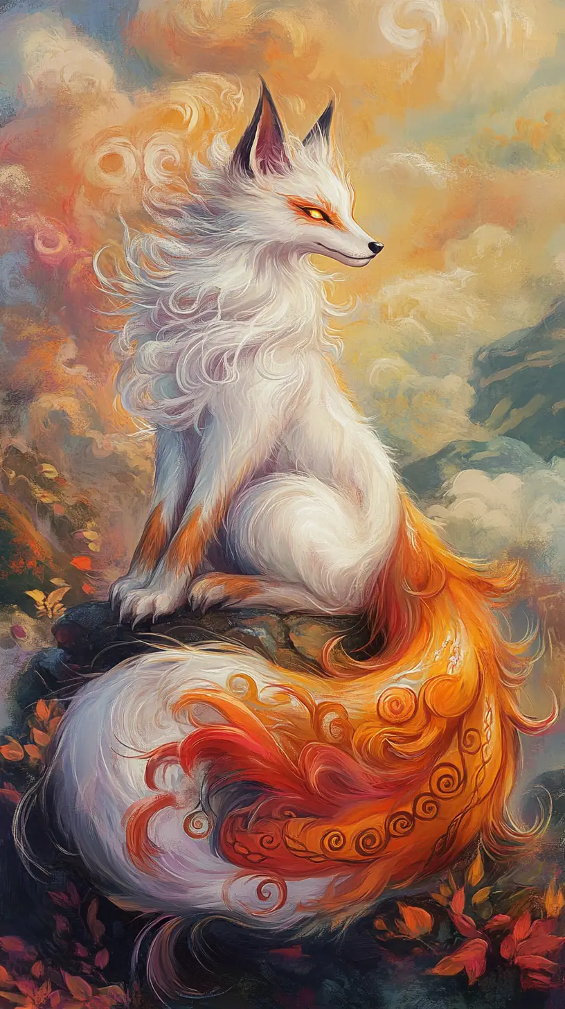 Nine tailed fox spirit on misty mountain peak