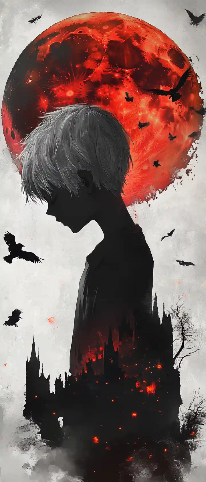 Anime-Jungen-Silhouette mit bröckelnder Burg und Blutmond