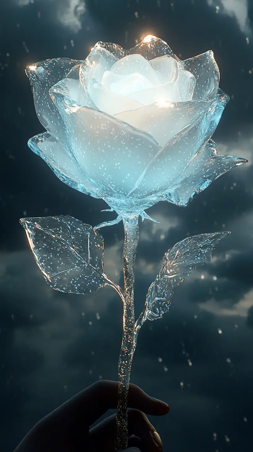 Glowing Ice Rose Held Against A Dark Stormy Sky