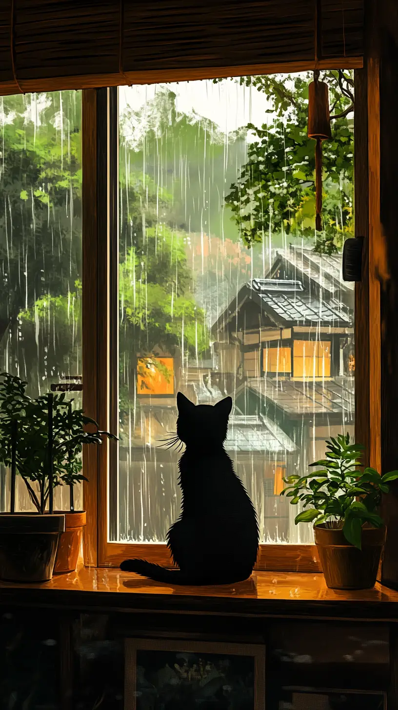 Black cat on rainy window sill in warm soft light