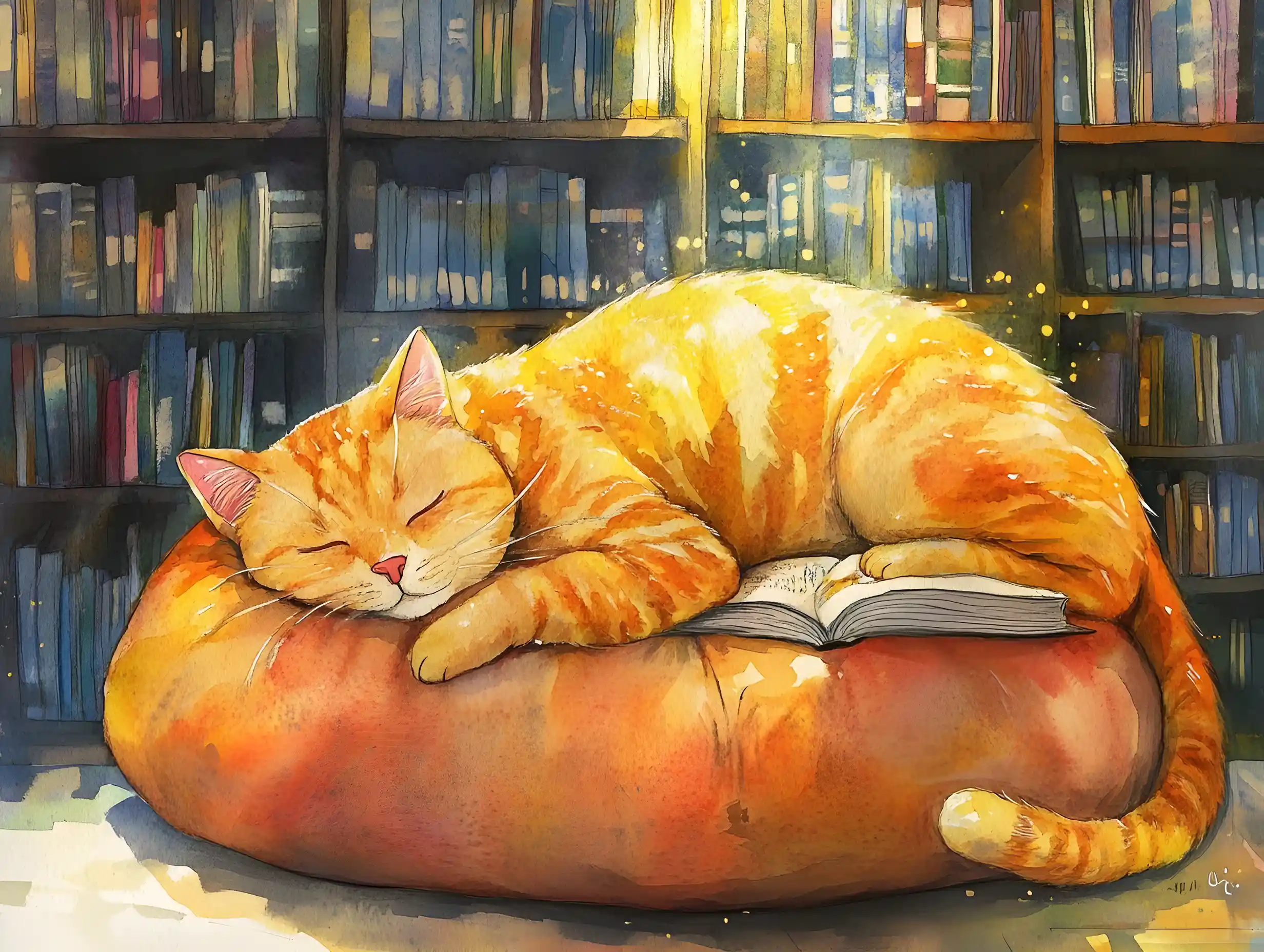 Giant ginger cat napping in a sunlit library aisle