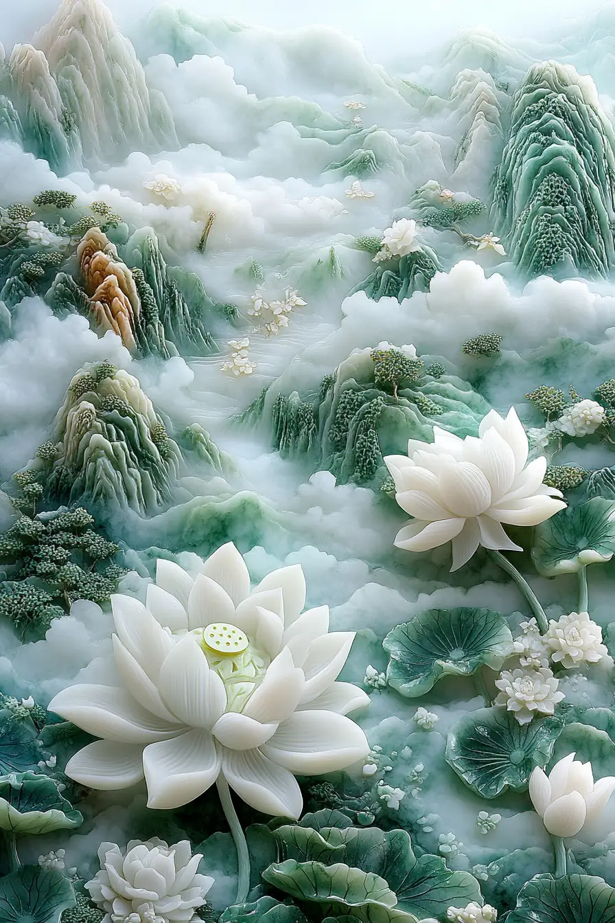 Carved jade lotus with watercolor landscape and clouds