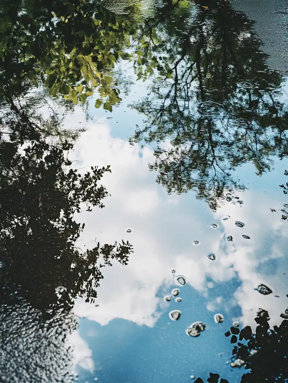 Nasse Bodenpfützen, die blauen Himmel und Bäume spiegeln