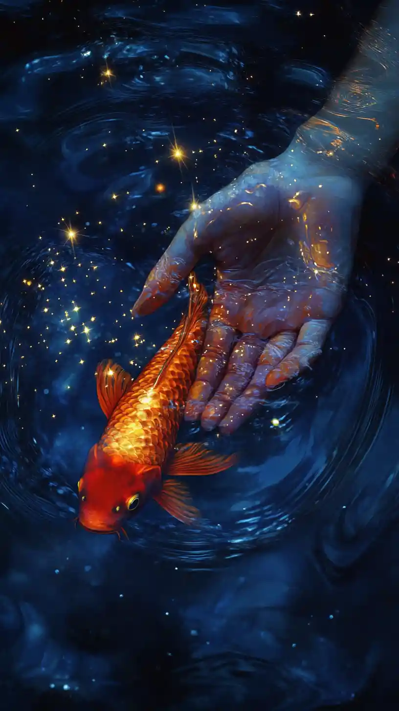 Surreal Hand Holding Glowing Koi In Deep Blue Water