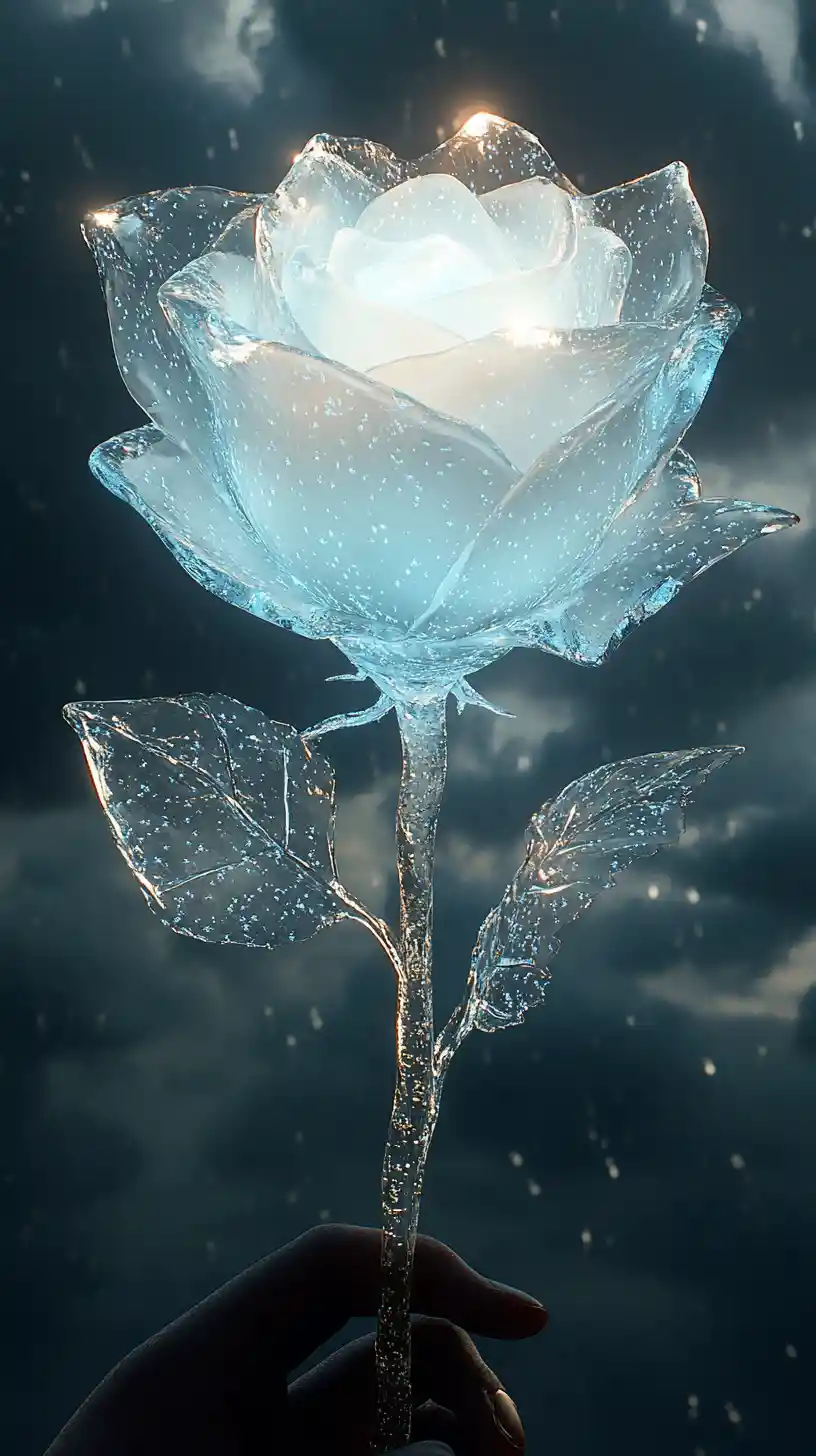 Glowing Ice Rose Held Against A Dark Stormy Sky