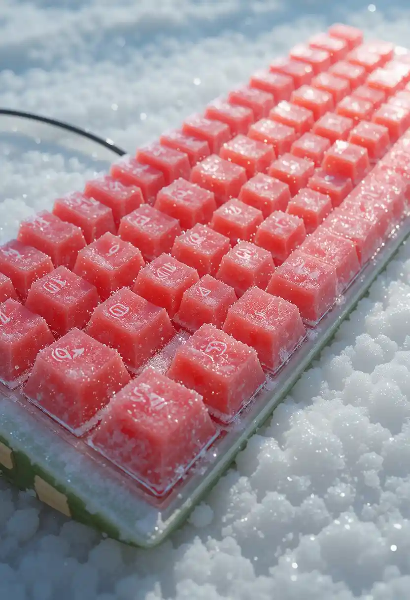 Frozen watermelon keyboard rendered in detailed 3D scene