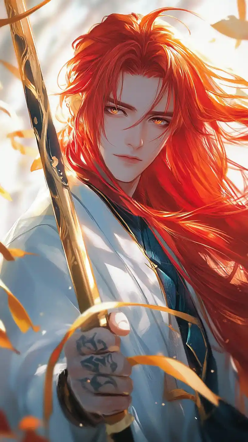 Anime warrior portrait with red hair and spear under sun