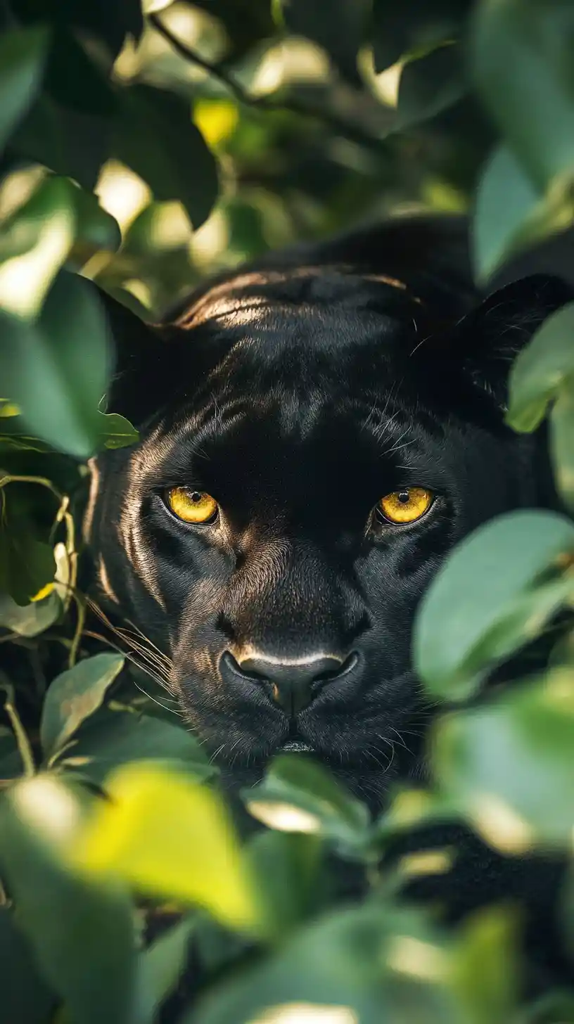Black panther eyes emerging from dense jungle foliage