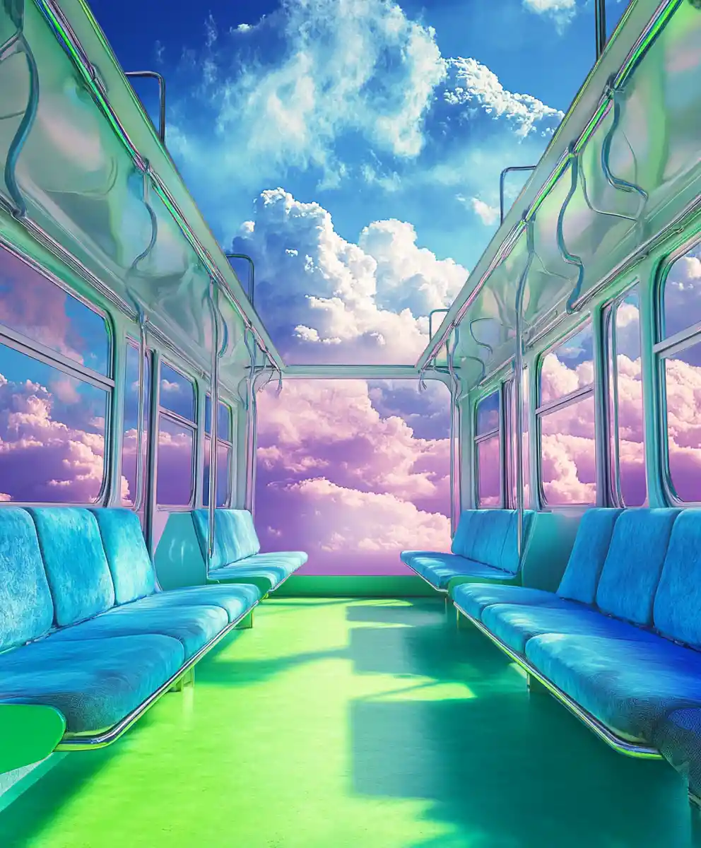Surreal sky train with colorful interior and clouds