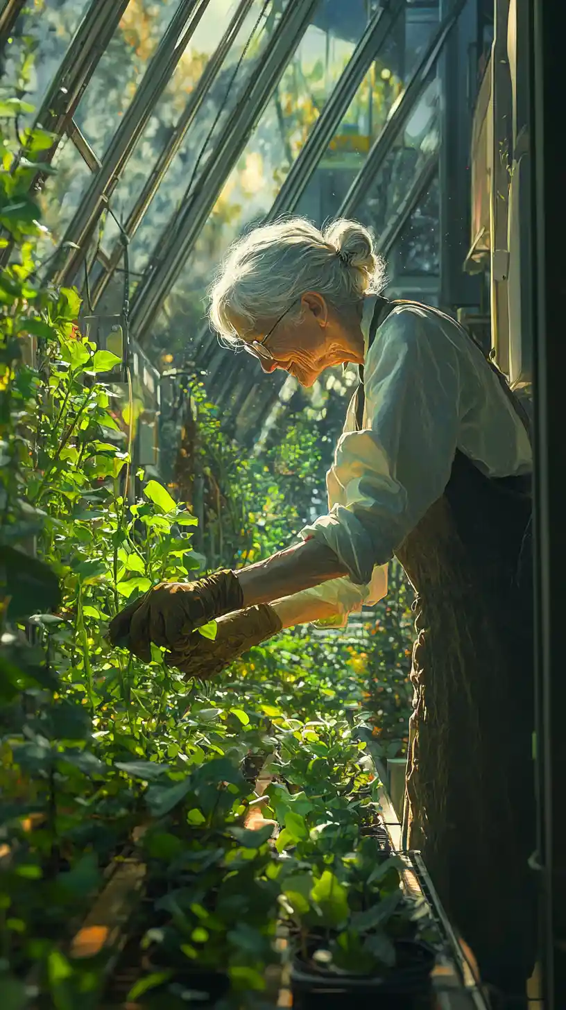 Joyful grandmother tending glowing plants in greenhouse