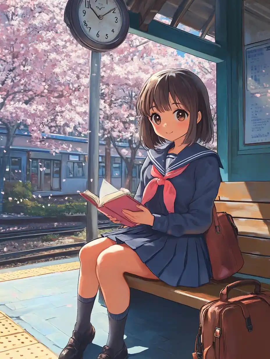 Anime schoolgirl at a quiet cherry blossom train station