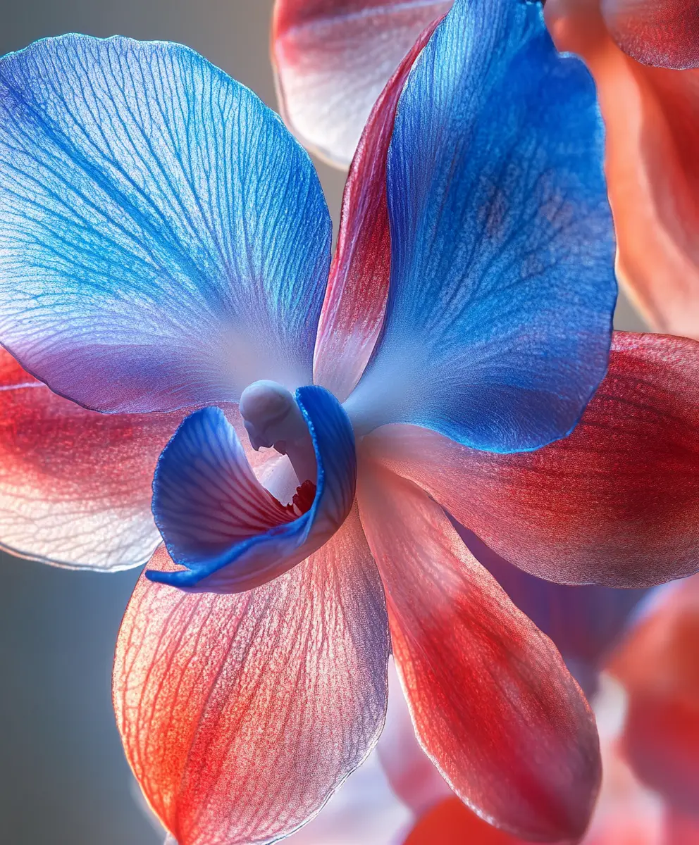 Surreal macro orchid with glass like blue and red petals