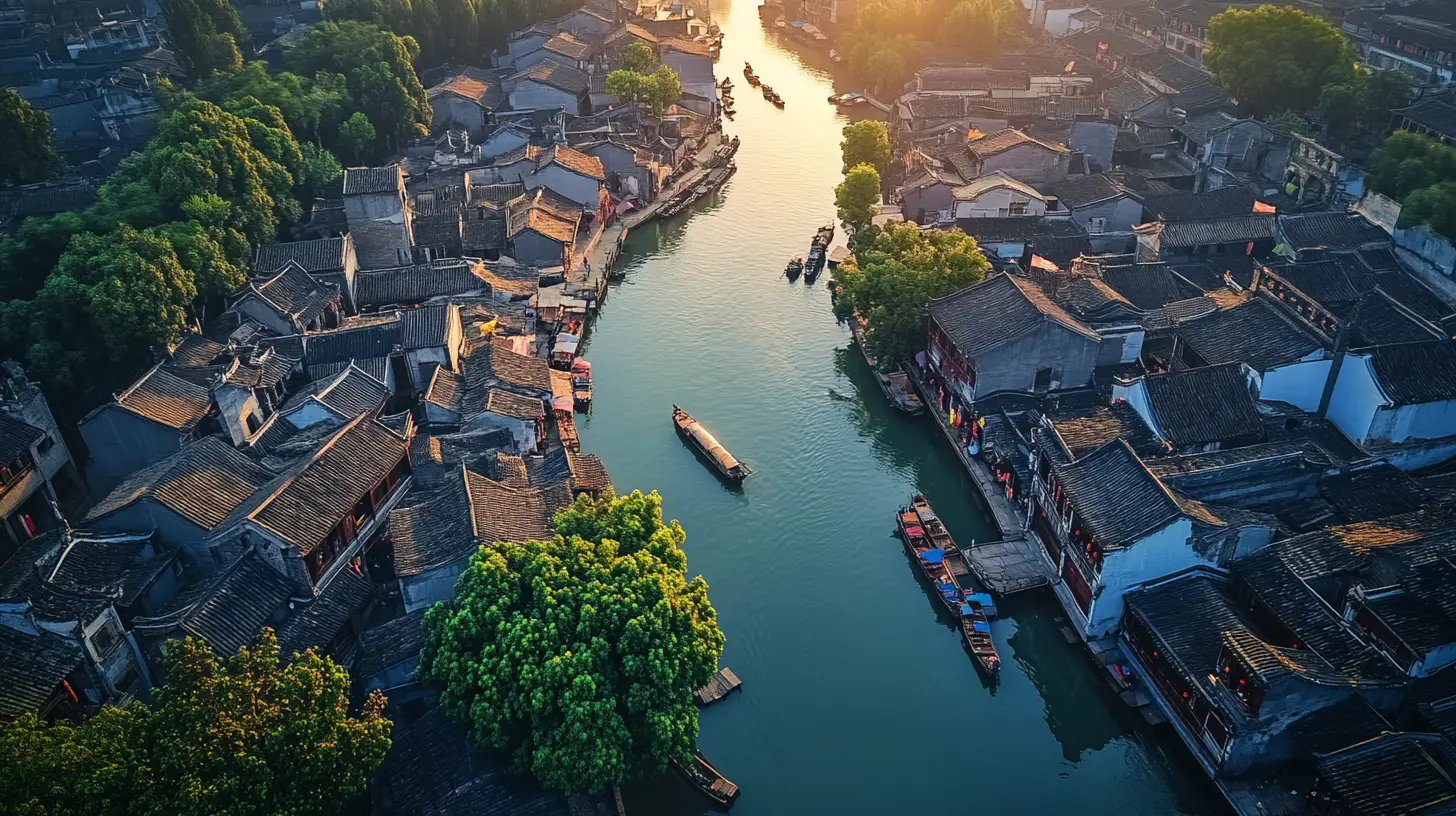 Aerial view of ancient woman above Jiangnan water town