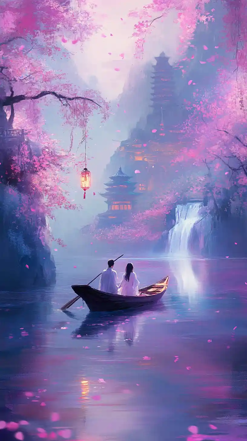 Boat drifting through misty blossom covered lake at dusk