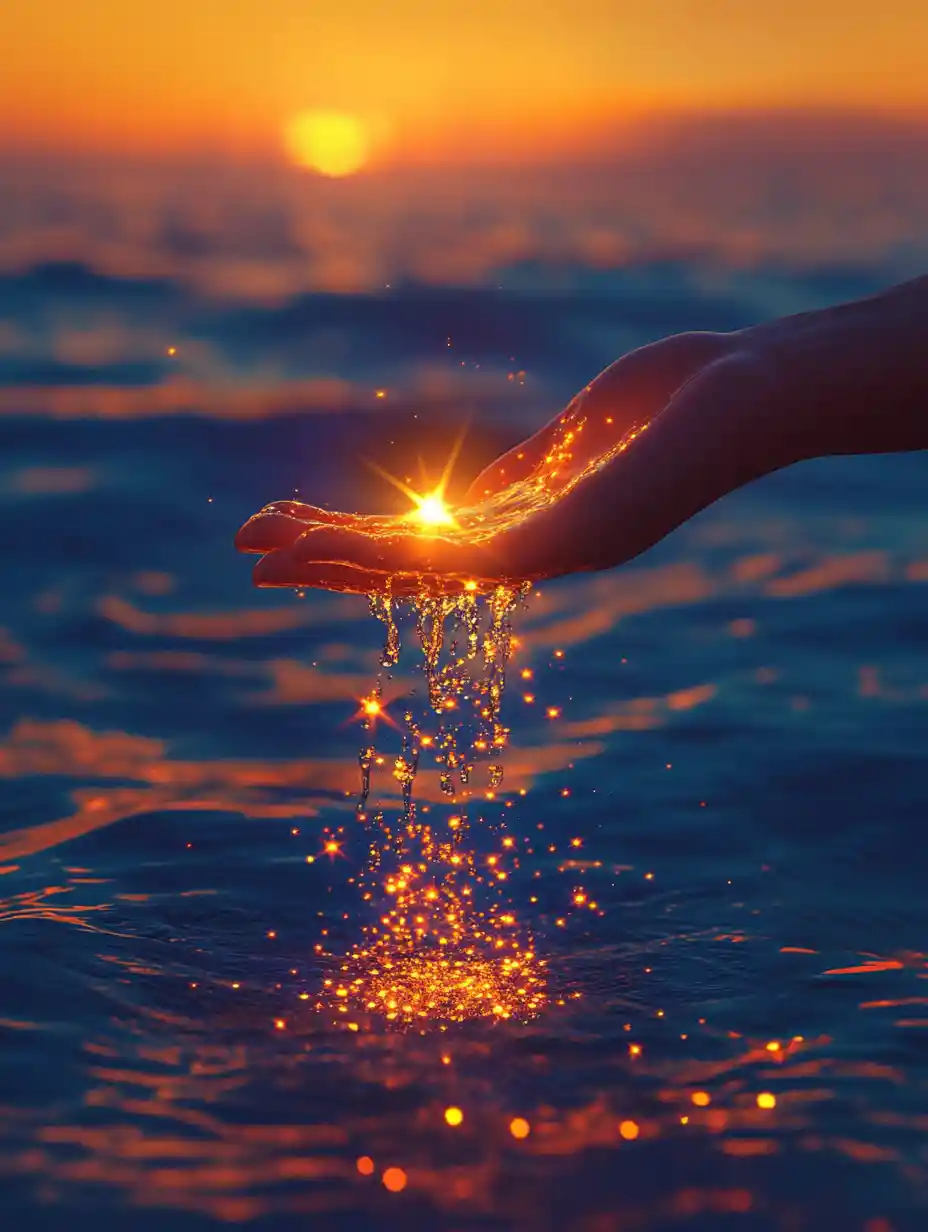 Glowing hand lifting water toward a surreal glowing sky
