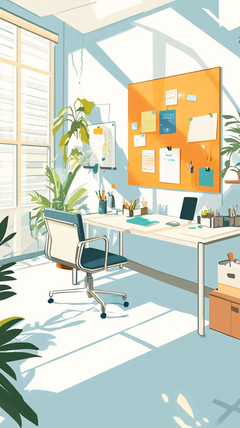 Playful pastel cartoon office interior with tidy desks