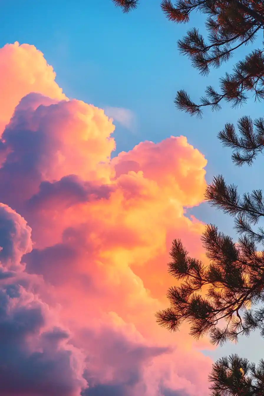 Surreal pine tree landscape under colorful summer sky