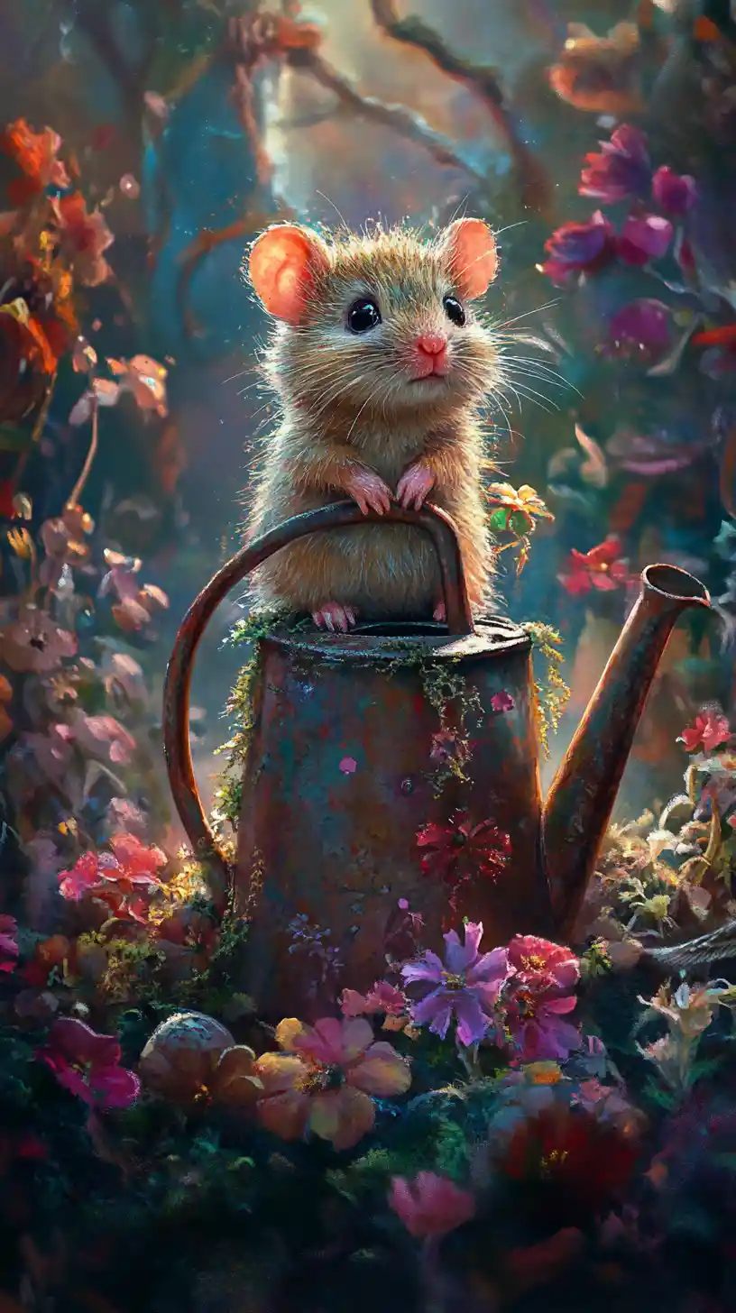 Whimsical mouse on rusty watering can in wildflower garden