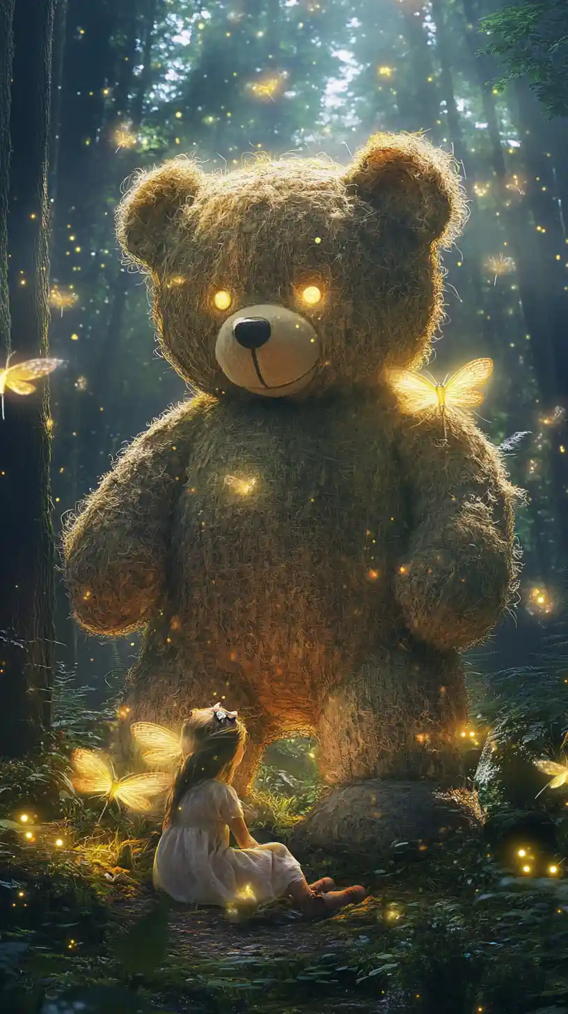 Giant teddy bear guarding a sleeping child in forest
