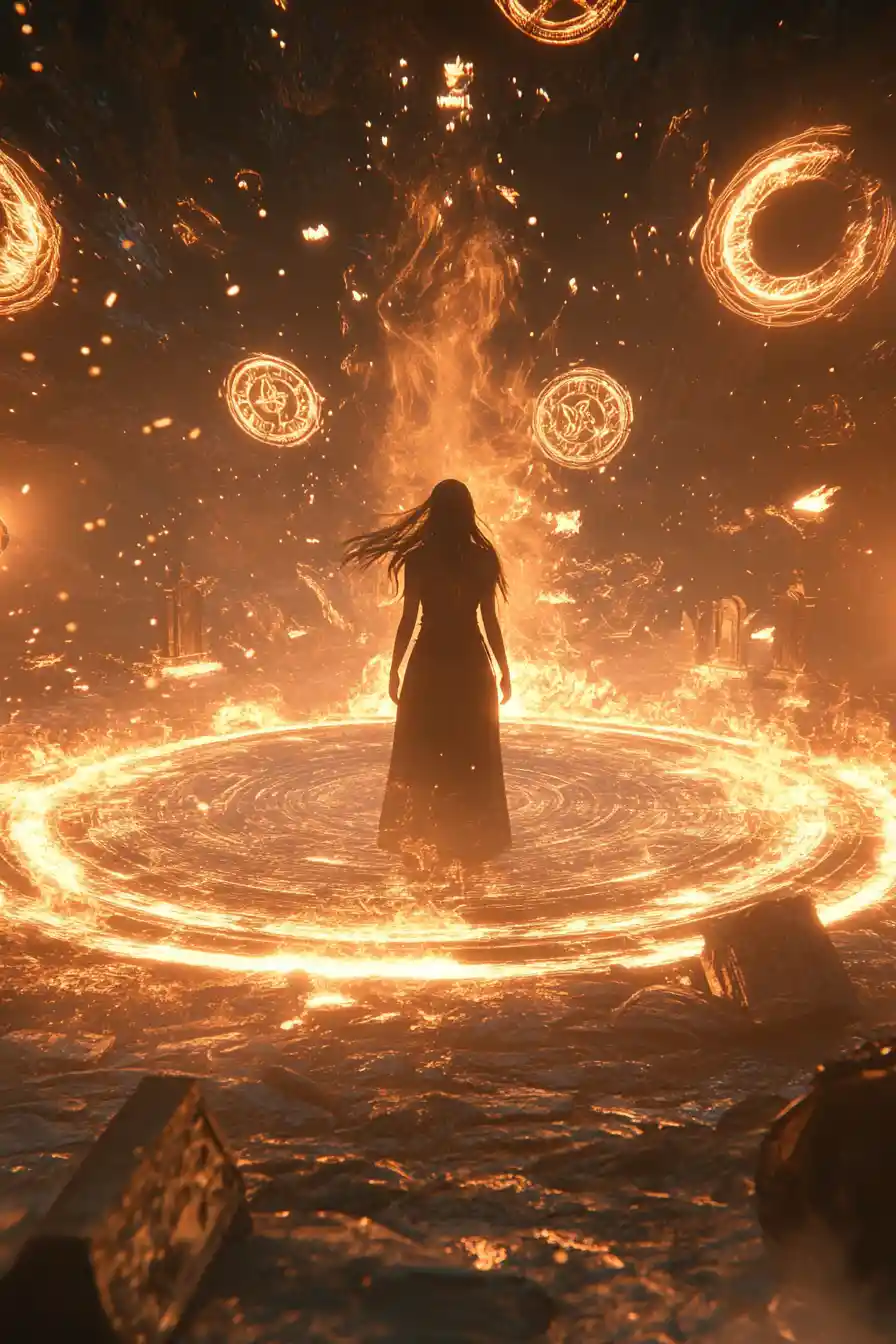 Helena stands in a glowing magical circle of Troy relics