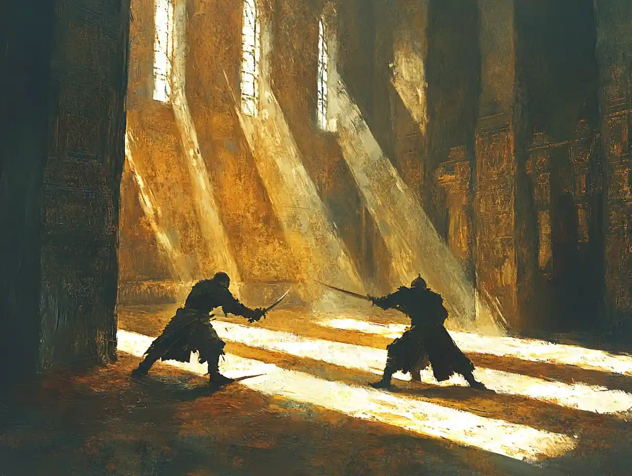 Duel Between Two Warriors In A Desert Fortress Chamber