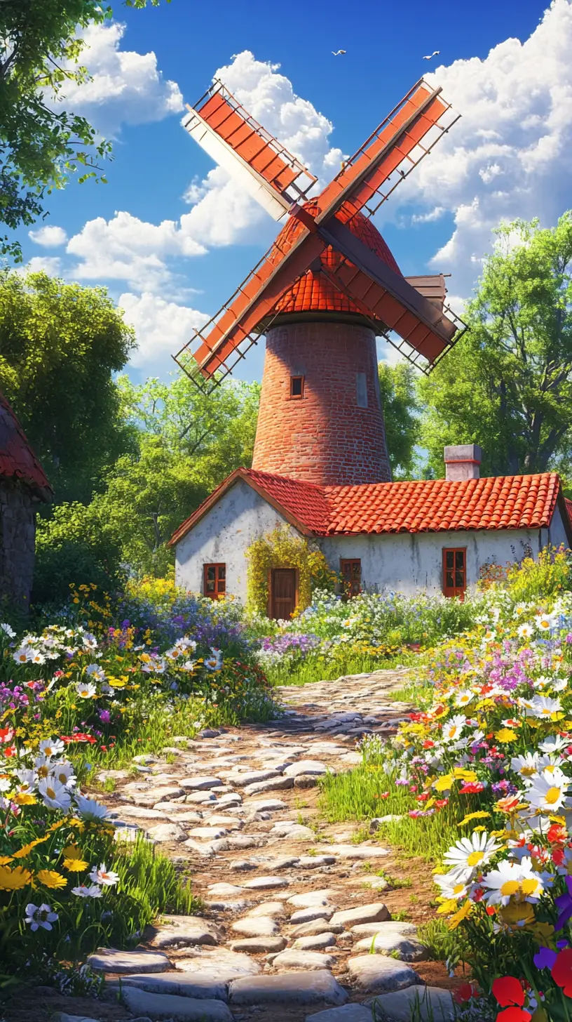 Charming windmill cottage in a colorful flower garden