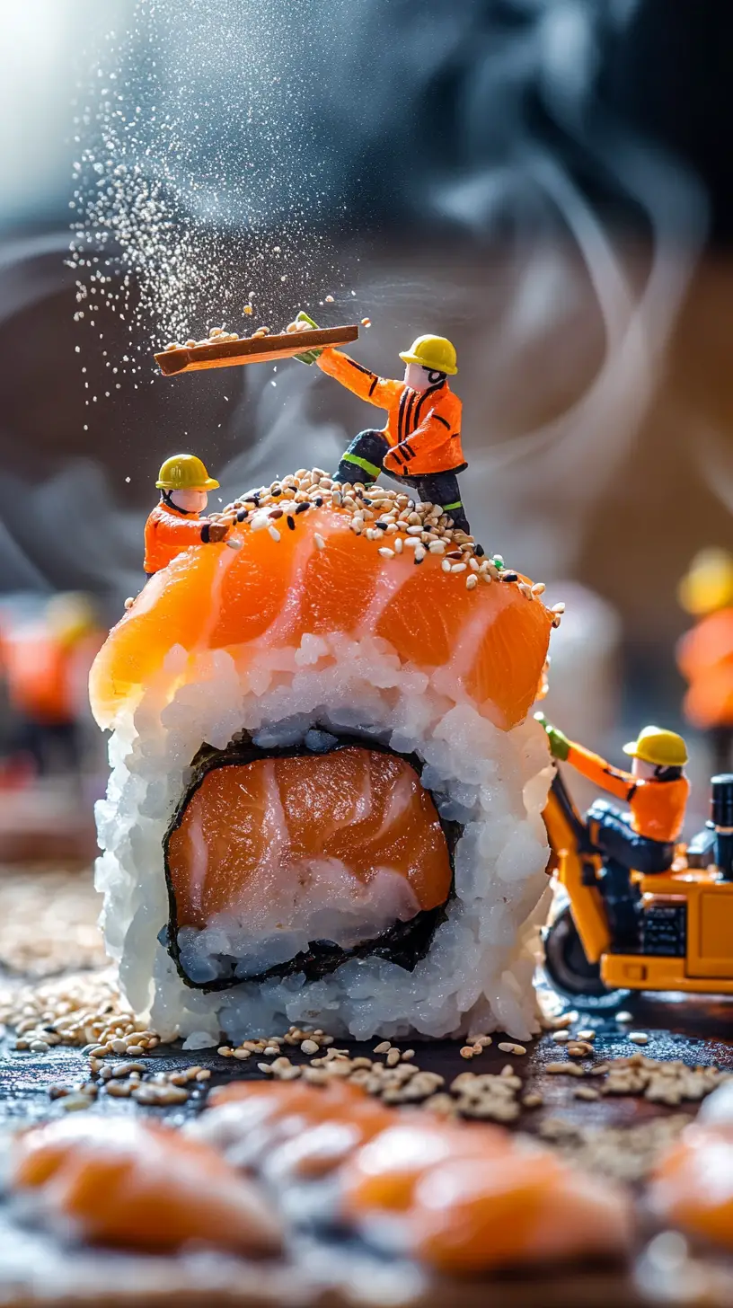 Tiny Workers Building A Giant Sushi Roll Macro Scene