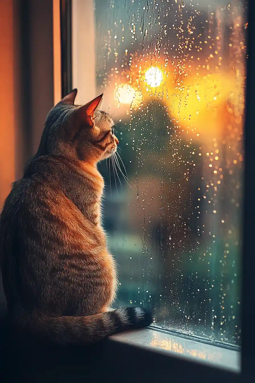 Anime cat at a rainy night window in warm room