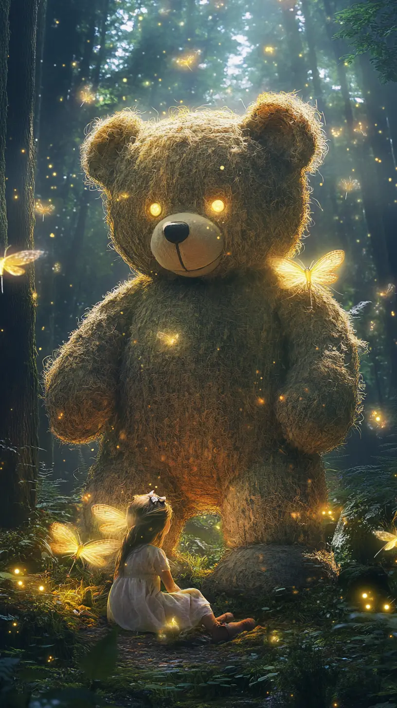 Giant teddy bear guarding a sleeping child in forest