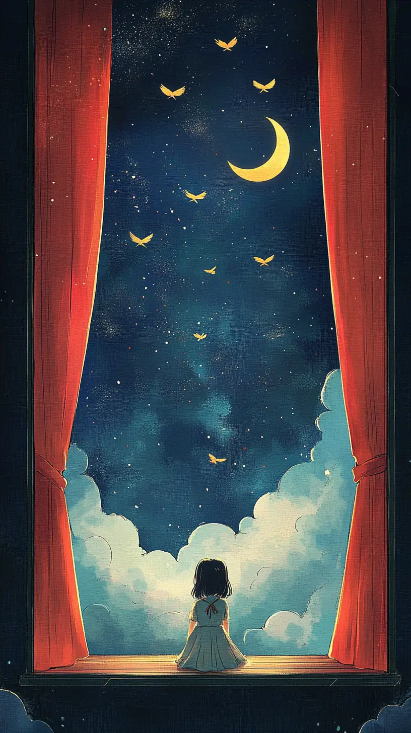 Girl On Empty Stage Watching Curtains Open To The Sky