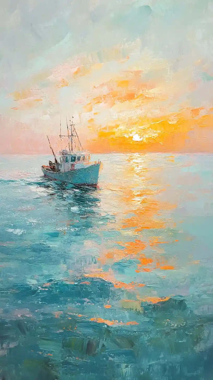 Impressionist seascape with fishing boat at glowing sunset