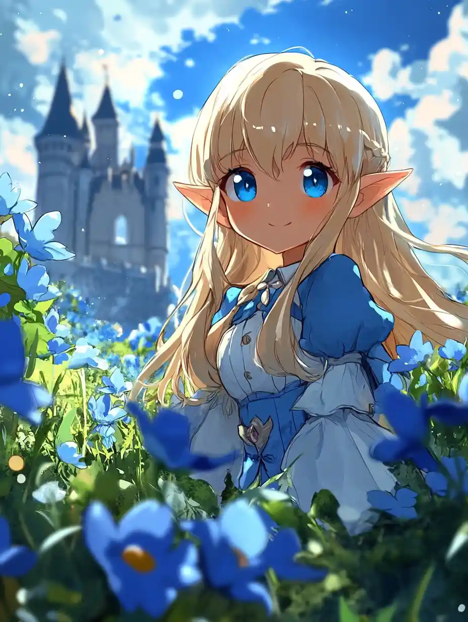 Blonde elf girl in blue outfit in a fantasy meadow