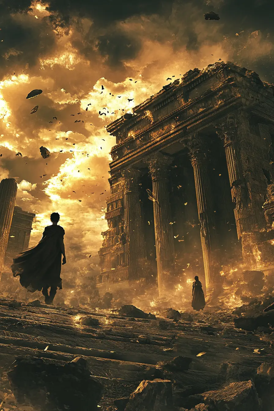 Man Standing Alone In Temple Ruins At Dramatic Sunset