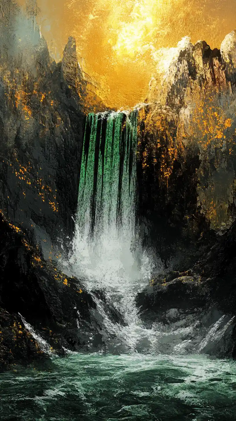Majestic waterfall over golden cliffs in soft sunlight