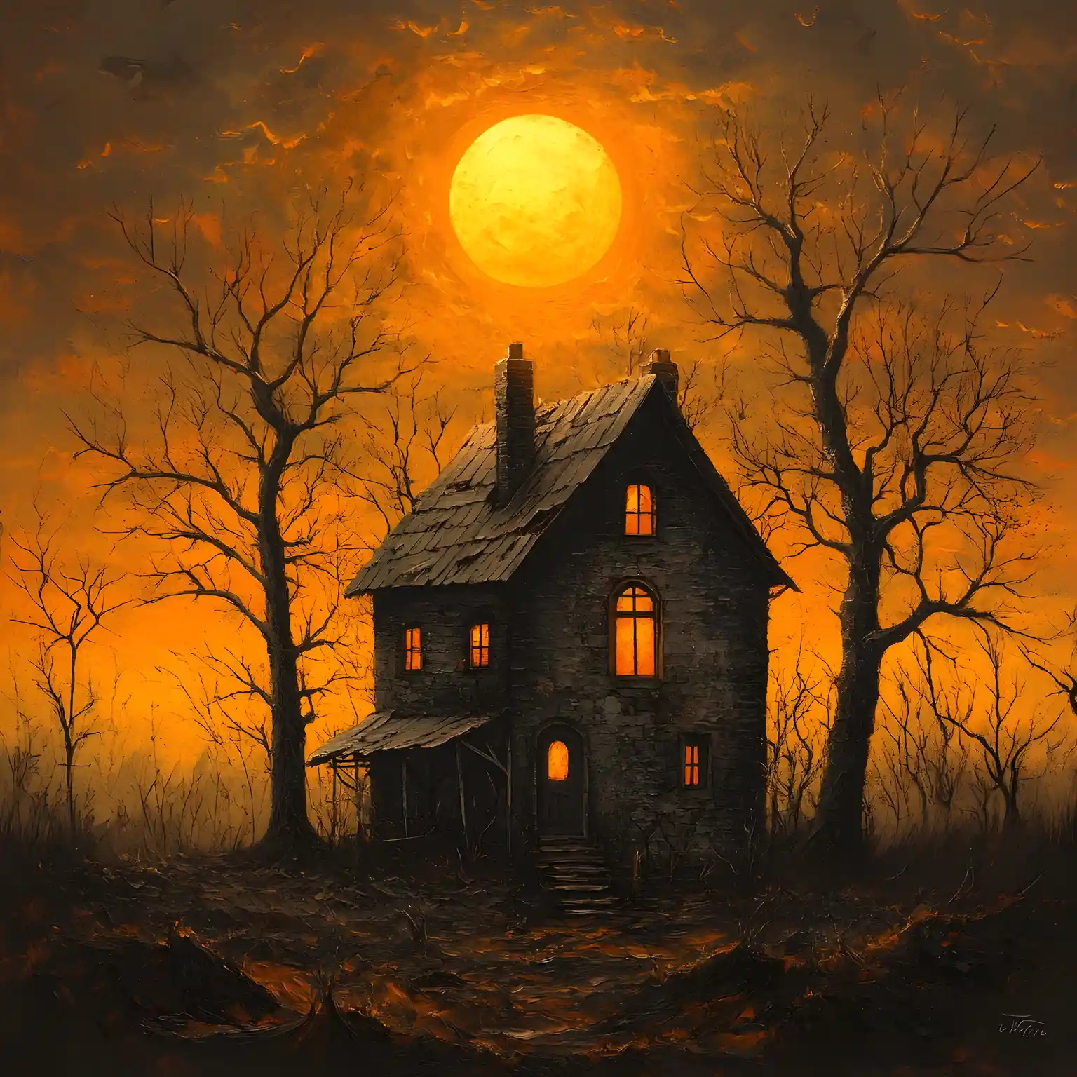 Cupa casa fantasy sotto un cielo di sole nascente